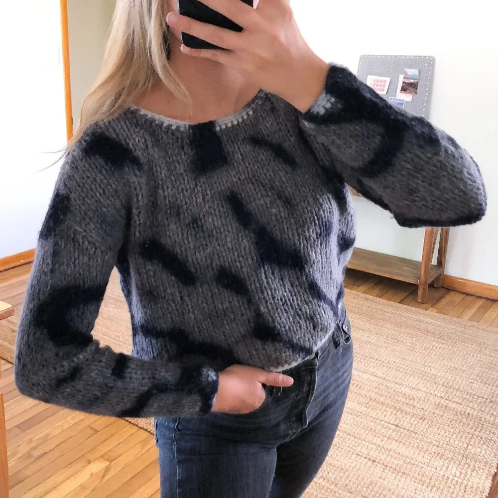 Line the Label Wool Alpaca Blend Gray Knit Crochet Tie Dye Scoop Neck Sweater S